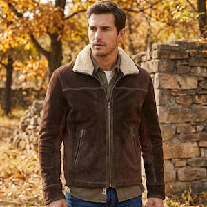 Può includere: Giacca in pelle scamosciata marrone con colletto in montone color crema. La giacca ha una chiusura con zip, due tasche laterali e una vestibilità su misura. Il modello indossa una camicia verde e jeans blu. Lo sfondo presenta un muro di pietra e fogliame autunnale.