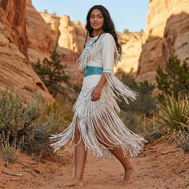 May include: A white fringed dress with a turquoise belt and trim. The dress has a high neckline and three-quarter sleeves. The model is walking on a dirt path with red rock formations in the background.