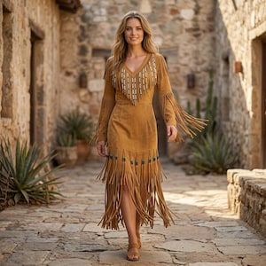 May include: A tan suede dress featuring long sleeves, a V-neckline with vertical fringe detailing, and a tiered skirt with long fringe trim. The dress is accented with small turquoise and black beads along the fringe sections on the bodice and skirt.