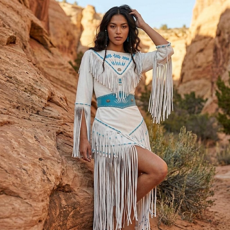 May include: A cream-colored dress with long sleeves and fringe detailing. The dress features a turquoise belt and turquoise embroidery on the bodice and sleeves. The dress has a high slit and is worn outdoors.