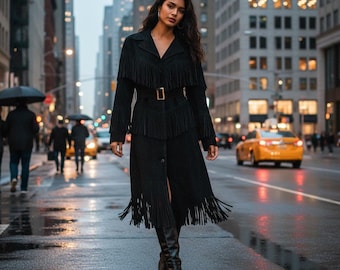 Women Black Suede Leather Fringe Western Long Dress with Belt | Cowgirl Rodeo Festival Maxi