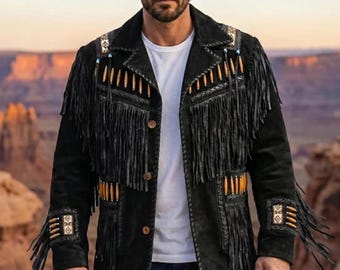 Handmade Black Suede Fringe Jacket | Cowboy Western Beaded Coat | 70s Boho Rodeo Festival Outfit