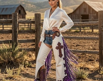 Cowboy Hand-Carved Fringe Chaps | Western Tooled Leather Rodeo Pants | Mexican Boho Riding Outfit