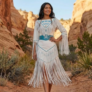 May include: Cream-colored dress with long sleeves and fringe detailing. The dress features a turquoise belt and trim, with a V-neckline and a tiered skirt. The dress is worn outdoors in a desert landscape.
