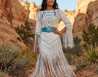 White Handmade Leather Fringe Gown | Women Western Native-American Wedding dress | Cowgirl Powwow-Regalia Maxi
