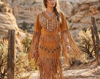 Handmade Suede Fringe Powwow-Regalia Gown | Western Beaded Tassel Wedding Dress | Native-Inspired Cowgirl Festival Outfit