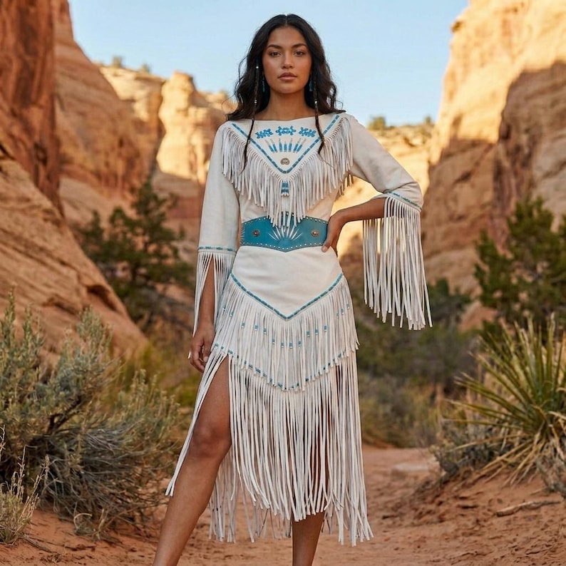 May include: A cream-colored dress with long sleeves and fringe detailing. The dress features a turquoise belt and trim, with fringe along the sleeves, neckline, and skirt. The dress is worn outdoors with a desert landscape in the background.