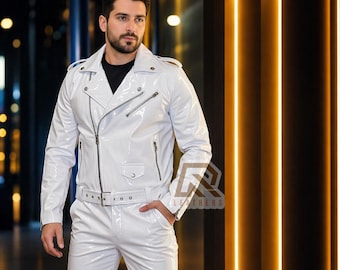 Giacca e pantaloni in PVC vinile nero lucido Tuta da motociclista in vinile effetto bagnato Tuta da motociclista in PVC per uomo Tuta da uomo gotica con cintura Rock Star