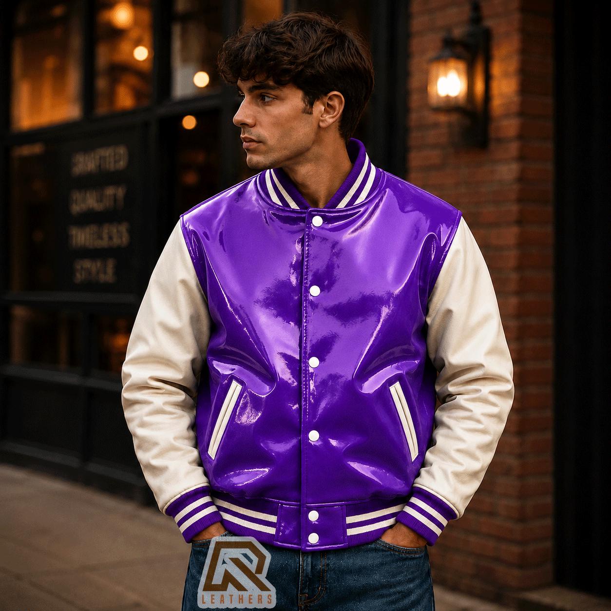 White PVC Varsity Jacket , Glossy Vinyl Letterman Jacket, White