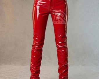 Pantalon unisexe coupe slim en PU l Pantalon en vinyle rouge l Pantalon coupe slim en PVC brillant l Pantalon en similicuir brillant l Pantalon verni
