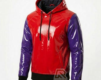 Unisex PVC Cyberpunk Hoodie - High Shine Vinyl Techwear - Benutzerdefinierte Split Color Zweifarbige Goth Streetwear - Glänzendes übergroßes Rave-Kapuzenoberteil