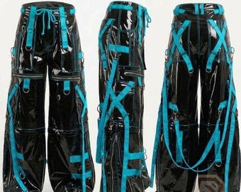 Cyberpunk Goth Bondage Hose, PVC Vinyl Hose mit weitem Bein, Industrielle Techwear Cargohose mit Riemen, Emo Alt Fashion, Unisex Rave Gear