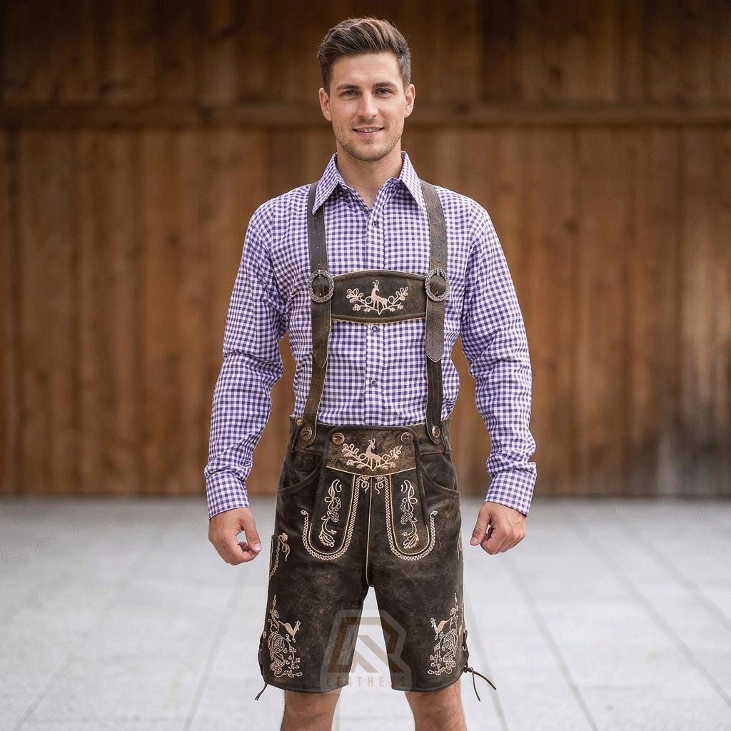 Premium Men's Leather Lederhosen -Authentic Bavarian Suede Lederhosen Shorts with Suspenders for Oktoberfest-Distressed Brown German Costume