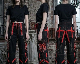 Spinnen Print Techwear Cargo Hose Herren Gothic Baggy Hose Cyberpunk Streetwear mit Reflektierende Riemen & Harness - Alternative Punk Hose