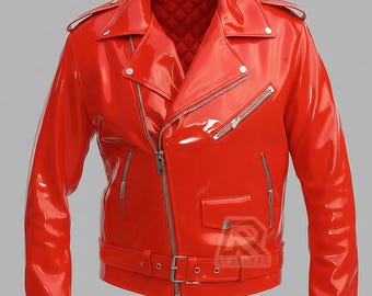 PVC Vinyle Jacket  Glossy Red Motorcycle Jacket  WET Look Vinyl  PVC Biker Jacket for Men Rock Star Belted Gothic Mens Jacket Punk Jacket