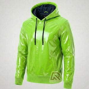 ユニセックス レッド PVC サイバーパンク パーカー - 光沢ビニール テックウェア - カスタム スプリットカラー ツートーン ゴス ストリートウェア - 光沢のあるオーバーサイズ レイブ フード付きトップス