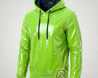 Unisex Roter PVC Cyberpunk Hoodie - High Shine Vinyl Techwear - Benutzerdefinierte Split Color Zweifarbiger Goth Streetwear - glänzendes übergroßes Rave-Kapuzenoberteil