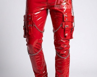Unisex Lack Lack Cargohose mit Ketten - Cyberpunk Streetwear Hose - Glanzige Gothic Hose - Festival Rave Wear - Knallrot