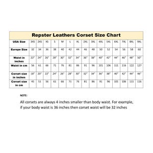 Puede incluir: Tabla de tallas de cors&eacute;s Repster Leathers, que muestra tallas de EE. UU. y europeas. Incluye medidas de cintura en pulgadas (22" a 50") y cent&iacute;metros (56 cm a 127 cm), junto con tallas de cors&eacute;.