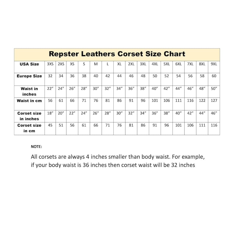 Puede incluir: Tabla de tallas de cors&eacute;s Repster Leathers, que muestra tallas de EE. UU. y europeas. Incluye medidas de cintura en pulgadas (22" a 50") y cent&iacute;metros (56 cm a 127 cm), junto con tallas de cors&eacute;.