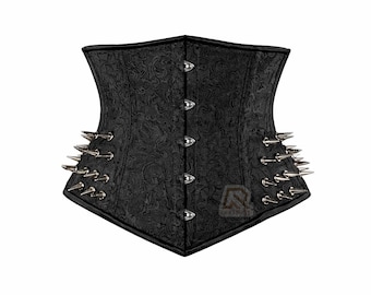 Women Handmade Black Brocade Steel-Boned Underbust Corset | Gothic Waist Shaper with Spikes -Gift for her