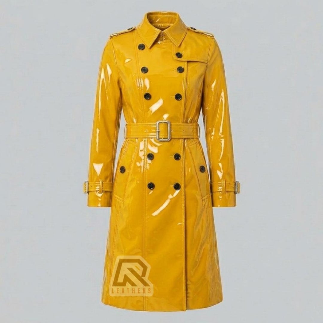 Unisex Yellow PVC Trench Coat - Gothic Industrial Cyberpunk Long
