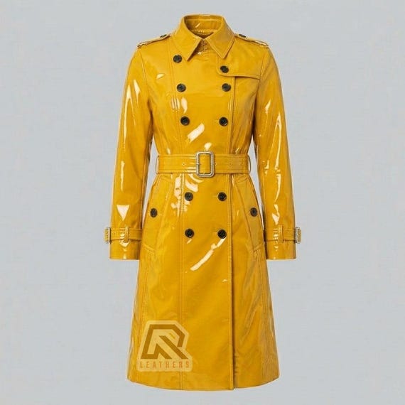 Unisex Yellow PVC Trench Coat - Gothic Industrial Cyberpunk Long