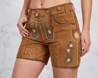 Pantalones de cuero de gamuza para mujer, atuendo bávaro para el Oktoberfest, pantalones cortos tradicionales alemanes, ropa para festivales alpinos, disfraz rústico.