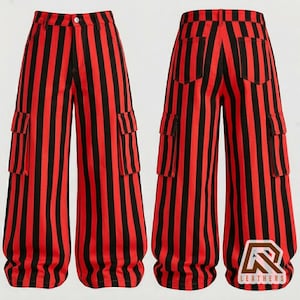 Gestreepte cargobroek met wijde pijpen – unisex alternatieve streetwear, festivalmode, oversized cargobroek, aangepaste kleuropties afbeelding 2