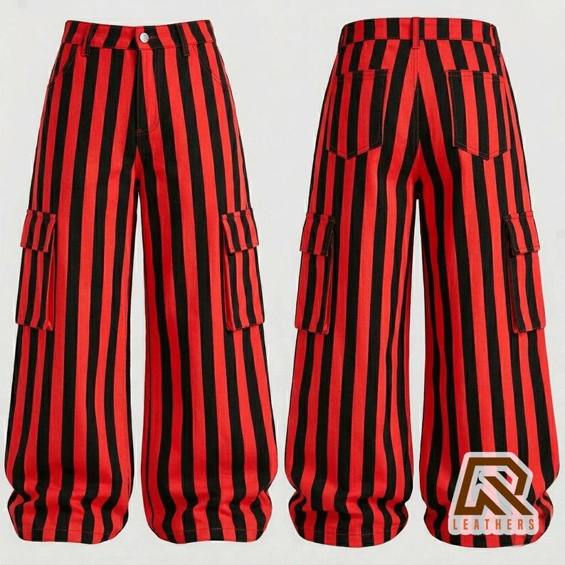 Gestreepte cargobroek met wijde pijpen – unisex alternatieve streetwear, festivalmode, oversized cargobroek, aangepaste kleuropties afbeelding 2