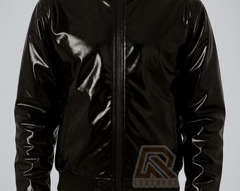 Men's Glossy PVC Bomber Jacket   PVC Vinyl Jacket   Glossy Black Motorcycle Jacket    Punk Jacket