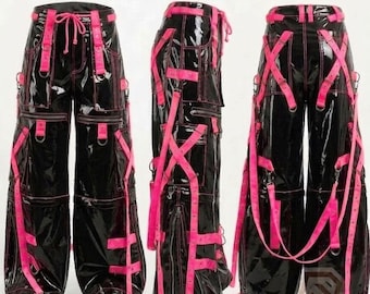 Cyberpunk Goth Bondage Hose, PVC Vinyl Hose mit weitem Bein, Industrielle Techwear Cargohose mit Riemen, Emo Alt Fashion, Unisex Rave Gear