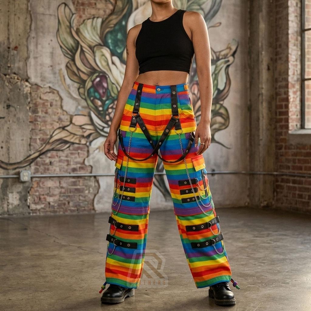 Gothic Rainbow Harajuku Pants, Cyber Goth Wide Leg Cargos