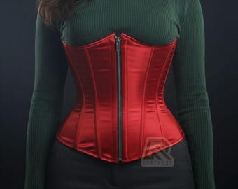 Corsé de satén de lujo bajo el busto - Reductor de cintura con varillas de acero - Cremallera frontal YKK - Disponible en blanco, rojo, negro, azul, morado y verde