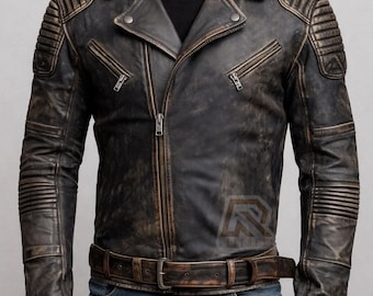 Distressed Brown Leather Biker Jacket, Moto Style Jacket
