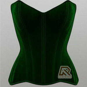 Puede incluir: Un cors&eacute; de terciopelo verde oscuro con una silueta estructurada. El cors&eacute; presenta costuras verticales y un parche con un logotipo en la parte inferior. El dise&ntilde;o es elegante y entallado, con una forma cl&aacute;sica.