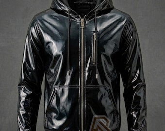 Unisex Cyberpunk PVC Hoodie mit Silber Hardware - Industrial Techwear glänzende Vinyljacke - Gothic Alternative Fashion Streetwear