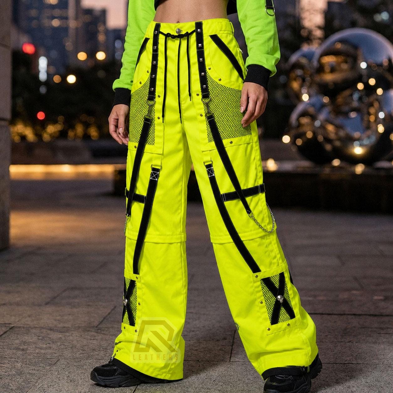 Neon Yellow Industrial Tactical Pants, Cyberpunk Goth Streetwear