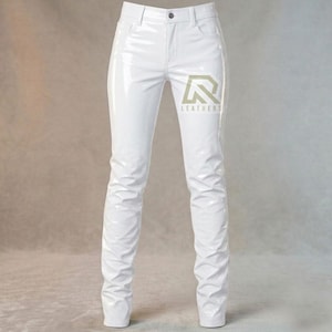 Pantalones unisex ajustados de poliuretano | Pantalones de vinilo blanco | Pantalones ajustados de PVC brillante | Pantalones de piel sintética brillante | Pantalones de charol