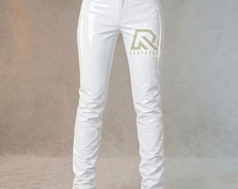 Unisex Slim Fit PU Hose l Weiße Lackhose l Slim Fit Glänzende PVC Hose l Glänzende Kunstlederhose l Lackhose