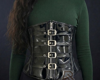 Frauen Handgefertigt Schwarz PVC Unterbrust Mit Reißverschluss und Schnallen Korsett Stahl Ohne Knochen Hourglass Korsett Gürtel Unterbrust Mode Korsett-Geschenk für sie