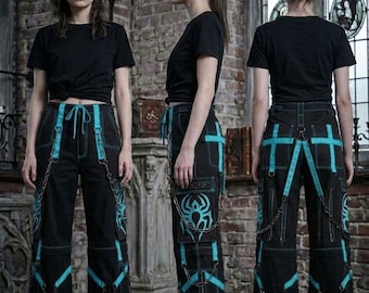 Spinnen Print Techwear Cargo Hose Herren Gothic Baggy Hose Cyberpunk Streetwear mit Reflektierende Riemen & Harness - Alternative Punk Hose