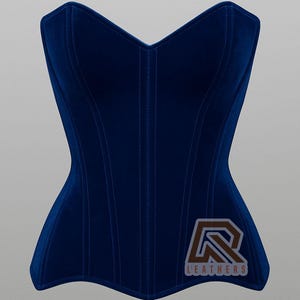 Puede incluir: Un cors&eacute; azul marino con costuras verticales. El cors&eacute; presenta un logotipo marr&oacute;n y blanco que dice "R LEATHERS". La prenda tiene una silueta cl&aacute;sica y est&aacute; hecha de un material suave y aterciopelado.