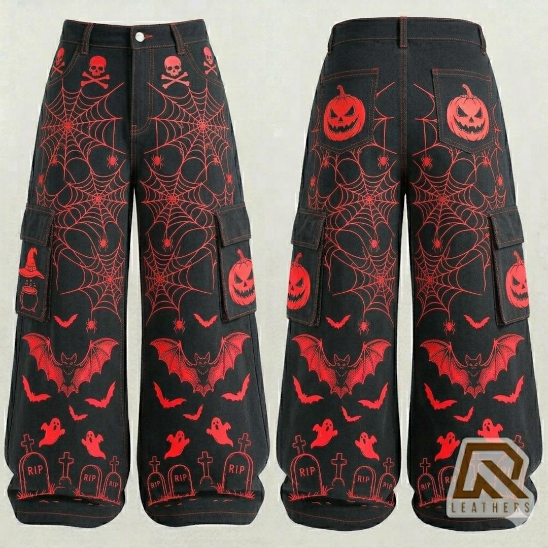 Halloween Gothic Wide Leg Cargo Pants | Black & Red Spider Web