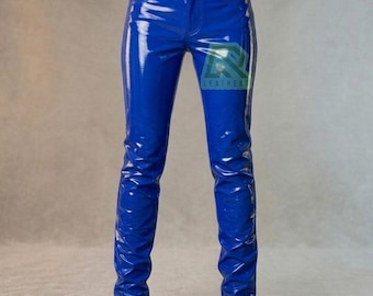 Pantalones unisex ajustados de poliuretano | Pantalones de vinilo azul rey | Pantalones ajustados de PVC brillante | Pantalones de piel sintética brillante | Pantalones de charol