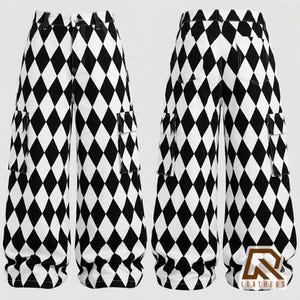 Harlequin-inspirerade vida byxor, svarta vita cargobyxor, gotiska byxor, alternativt mode, gycklarbyxor, streetwear, baggybyxor