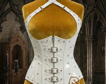 High-Shine white PVC Corset with Silver Buckles - Gothic Techwear Underbust Waist Trainer - Glossy Vinyl Steampunk Apparel with Cross Straps
