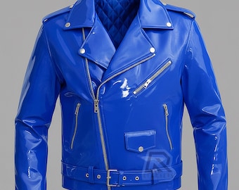 PVC Vinyle Jacket  Glossy shine  Royel Blue Motorcycle Jacket  WET Look Jacket for Men Rock Star Belted Gothic Mens Jacket Punk Jacket
