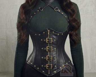 Genuine Leather Underbust Corset - Heavy Duty Steel Boned Waist Trainer - Gothic Harness Corset with Buckles & Straps