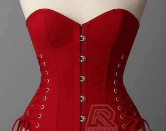 Corsé de algodón rojo hecho a mano para mujer, sobre el busto con abertura frontal, corsé con ballenas de acero y reloj de arena, regalo para ella